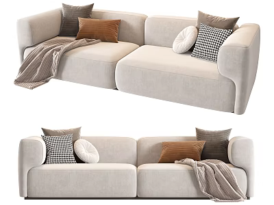 Beige Two-Seater Sofa Interior With Soft Fabric Mixed Pattern Pillows And Throw Blanket 3d model