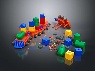 Colorful Building Blocks With Various Shapes And Toy Train Construction For Kids Play 3d model