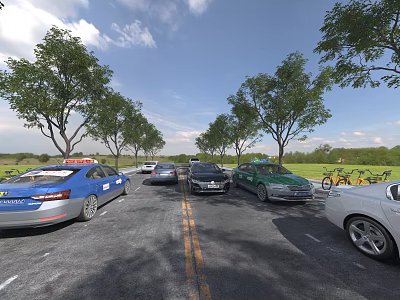 Cars Parked In Outdoor Lot With Trees Bicycles And Clear Blue Sky 3d model