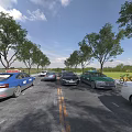Cars Parked In Outdoor Lot With Trees Bicycles And Clear Blue Sky