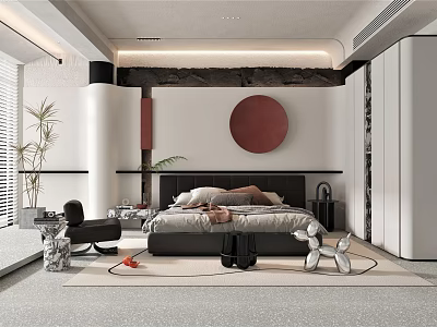 Modern Bedroom Interior With Comfortable Bed Red Circular Decor Black Chair And Plants 3d model