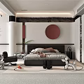 Modern Bedroom Interior With Comfortable Bed Red Circular Decor Black Chair And Plants