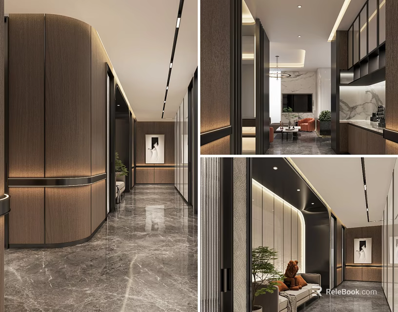 Modern Elevator Lobby Design With Wooden Panel Walls Marble Flooring And Decorative Plants 3d model 