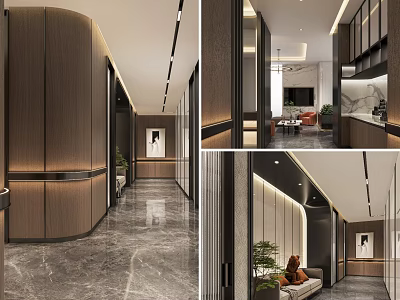Modern Elevator Lobby Design With Wooden Panel Walls Marble Flooring And Decorative Plants 3d model