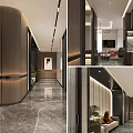 Modern Elevator Lobby Design With Wooden Panel Walls Marble Flooring And Decorative Plants
