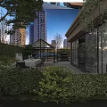 Courtyard Garden With Lush Greenery Outdoor Dining Set Glass Conservatory And Tall Residential Buildings