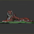 Detailed Tiger Sculpture with Mother and Cub Red Black Stripes on Green Base