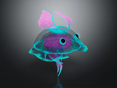 Glowing Pink And Blue Jellyfish Like Creature With Transparent Body And Big Eyes 3d model