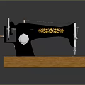 Vintage Sewing Machine With Black Body Golden Floral Patterns White Knob And Wooden Base