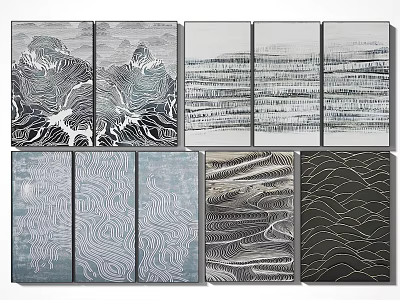 Set of Modern Abstract Paintings With Textured Lines And Black White Gray Tones 3d model