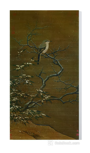 Traditional Botanical Painting With Bird Perching On Twisted Branches And Leaves 3d model 