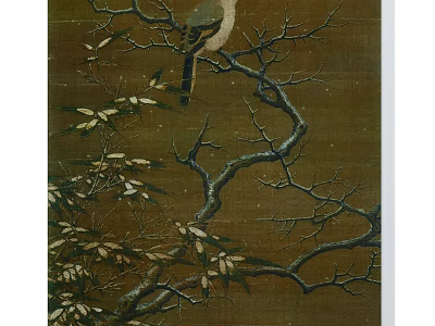 Traditional Botanical Painting With Bird Perching On Twisted Branches And Leaves 3d model