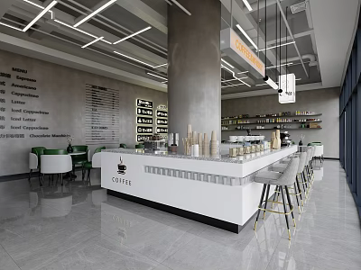 Café Interior Design With White Bar Counter Gray Pillar Green Chairs And Hanging Lights 3d model