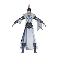Elegant Ancient Character Wearing Feathered Traditional Costume With Intricate Blue White Patterns And Jade Pendants