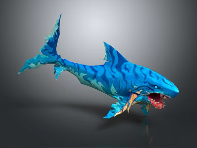 Blue Green Striped Shark With Open Mouth Red Teeth And Orange Details 3d model