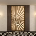 Elegant Double Doors With Radial Design Central Circular Detail And Wall Sconces