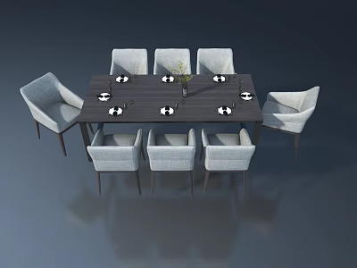 Modern Dining Room With Hinged Door Grey Chairs And Dark Wooden Table 3d model