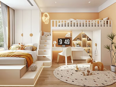 Cozy Kids Bedroom With Bunk Bed Desk And Playful Decor 3d model