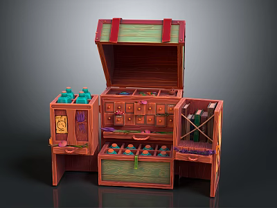 Open Vintage Wooden Chest With Green Accents Multiple Compartments And Small Bottles 3d model