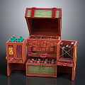 Open Vintage Wooden Chest With Green Accents Multiple Compartments And Small Bottles