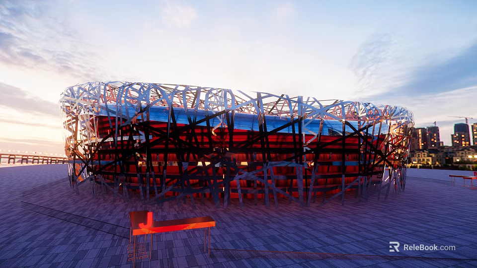 Modern Bird's Nest Stadium With Steel Grid Structure And Evening Red Glow 3d model 