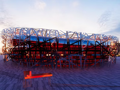 Modern Bird's Nest Stadium With Steel Grid Structure And Evening Red Glow 3d model