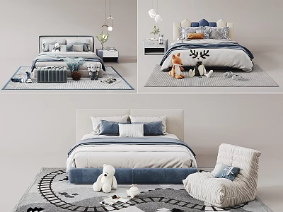 Modern Kids Bed With Soft Bedding Plush Toys Cozy Rug And Accent Chair 3d model