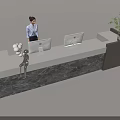 Modern Reception Desk with Receptionist Computer Monitors Potted Plant Marble Texture Wooden Accents and Lighting