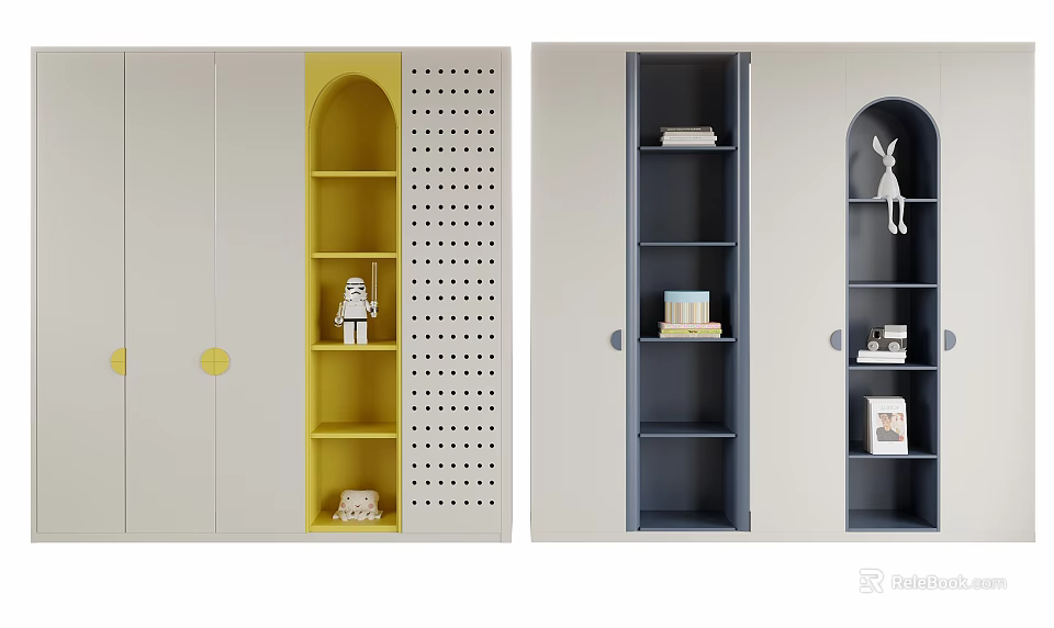 Modern Wardrobe Design With Yellow And Gray Open Shelves Rabbit Decor And Dot Pattern 3d model 
