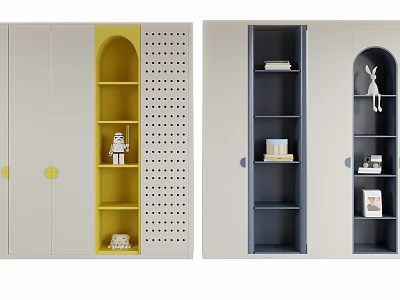 Modern Wardrobe Design With Yellow And Gray Open Shelves Rabbit Decor And Dot Pattern 3d model