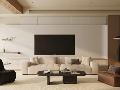 Modern Living Room Interior With Beige Sofa Black Coffee Table And Wooden Accents 3d model