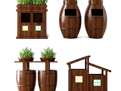 Public Facility Wooden Trash Bins With Classification Labels And Plants On Top Barrel Shaped Design 3d model