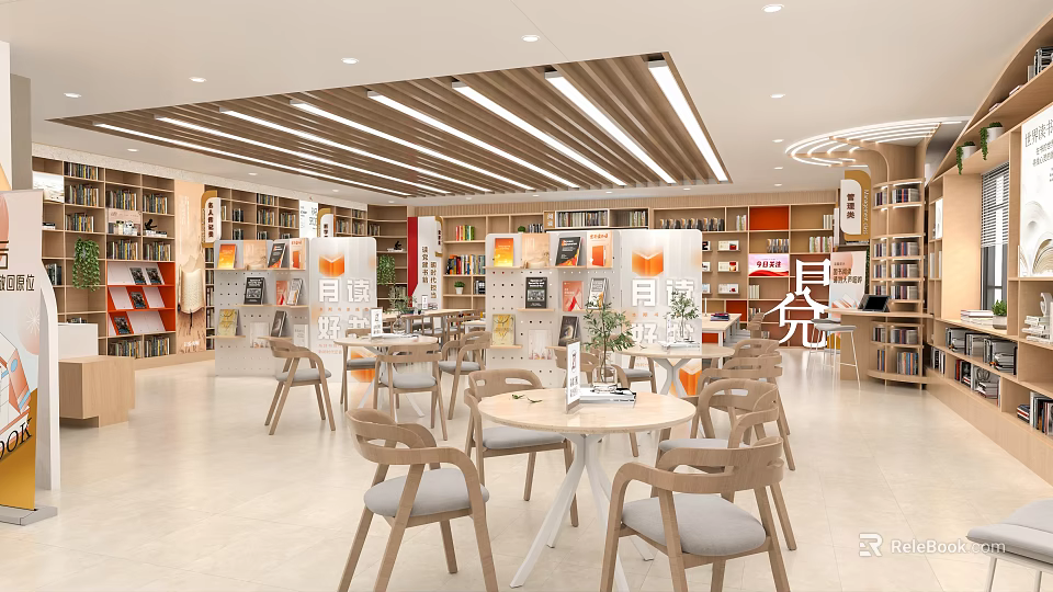 Modern Bright Open Lounge With Wooden Tables Chairs And Bookshelves In Spacious Interior 3d model 