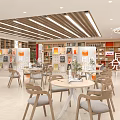 Modern Bright Open Lounge With Wooden Tables Chairs And Bookshelves In Spacious Interior