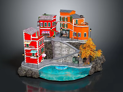 Cartoon Scene with Red and Orange Houses Stone Steps Blue Pool and Yellow Tree 3d model