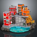 Cartoon Scene with Red and Orange Houses Stone Steps Blue Pool and Yellow Tree