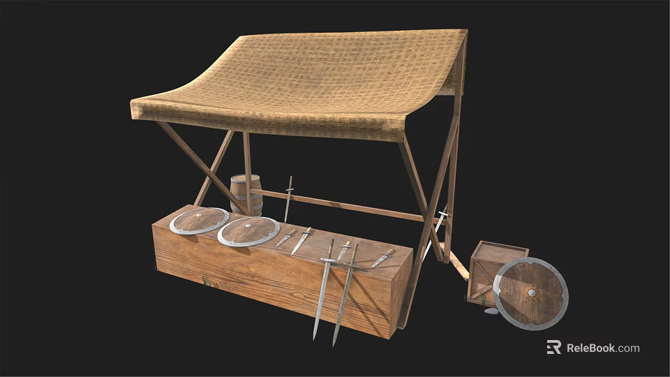 Traditional Wooden Tool Stand With Woven Top Wooden Box Metal Plates Tools And Mesh 3d model 