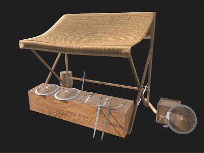 Traditional Wooden Tool Stand With Woven Top Wooden Box Metal Plates Tools And Mesh 3d model