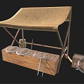 Traditional Wooden Tool Stand With Woven Top Wooden Box Metal Plates Tools And Mesh
