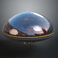 Shiny Metallic Cosmic Spacecraft with Smooth Surface and Orange Ring Floating in Dark Background