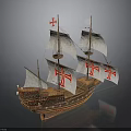Detailed Model of Historical Wooden Sailing Ship with White Sails and Red Cross Flags