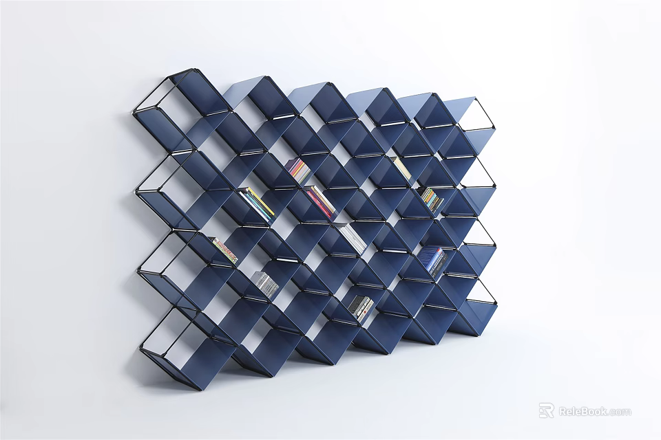 Blue Geometric Bookshelf With Interlocking Lattice Structure And Books On White Background 3d model 