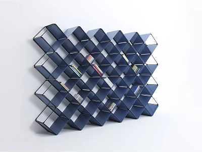 Blue Geometric Bookshelf With Interlocking Lattice Structure And Books On White Background 3d model