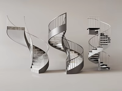 Modern Spiral Stairs Design With Three Different Styles And Metal Railings 3d model