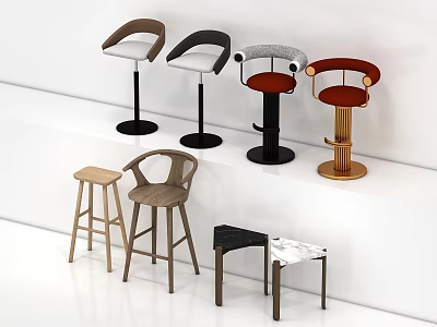 Various Modern Bar Stools With Wooden Metal Frames And Colored Seats 3d model