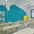 Kindergarten Classroom With Colorful Walls Desks Chairs Windows Blackboard Ceiling Fans And Lighting