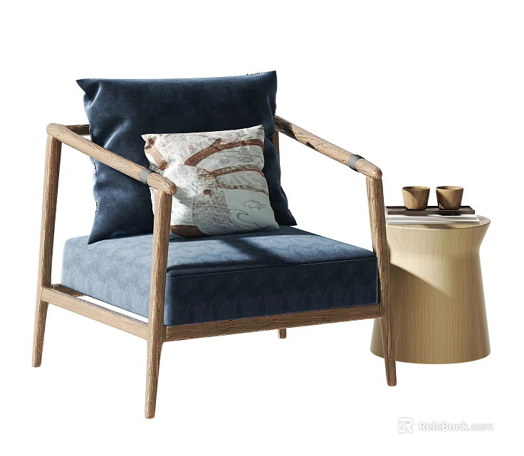 Single Sofa Featuring Blue Upholstery Wooden Frame Decorative Pillows and Side Table with Cups 3d model