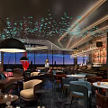 Modern Bar Interior With Red Decorative Sculpture Blue Ceiling Decorations Comfortable Seating And Ambient Lighting