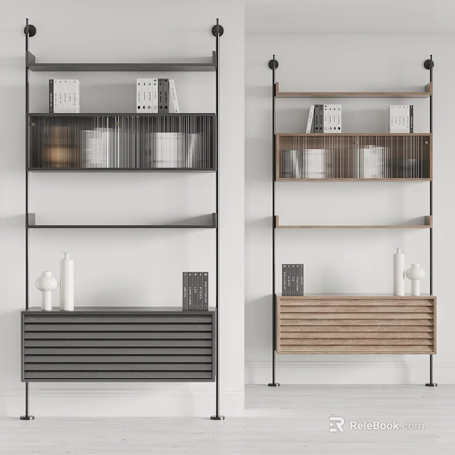 Modern Multi Tiered Shelving Units With Black Metal Wooden Design And Storage Items Like Books Cans 3d model 