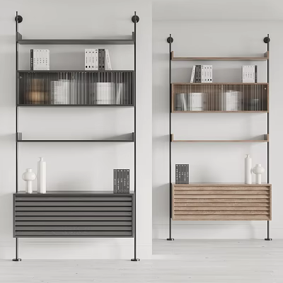 Modern Multi Tiered Shelving Units With Black Metal Wooden Design And Storage Items Like Books Cans 3d model